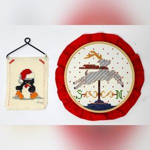 Vintage Christmas Cross Stich Lot Of 2 Reindeer Penguin Christmas Decor